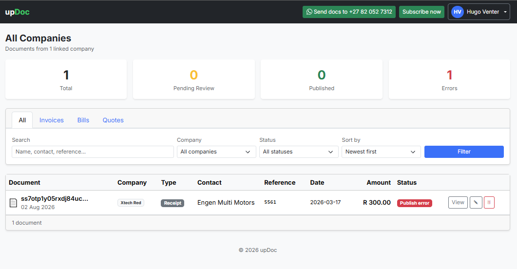 upDoc dashboard showing received documents
