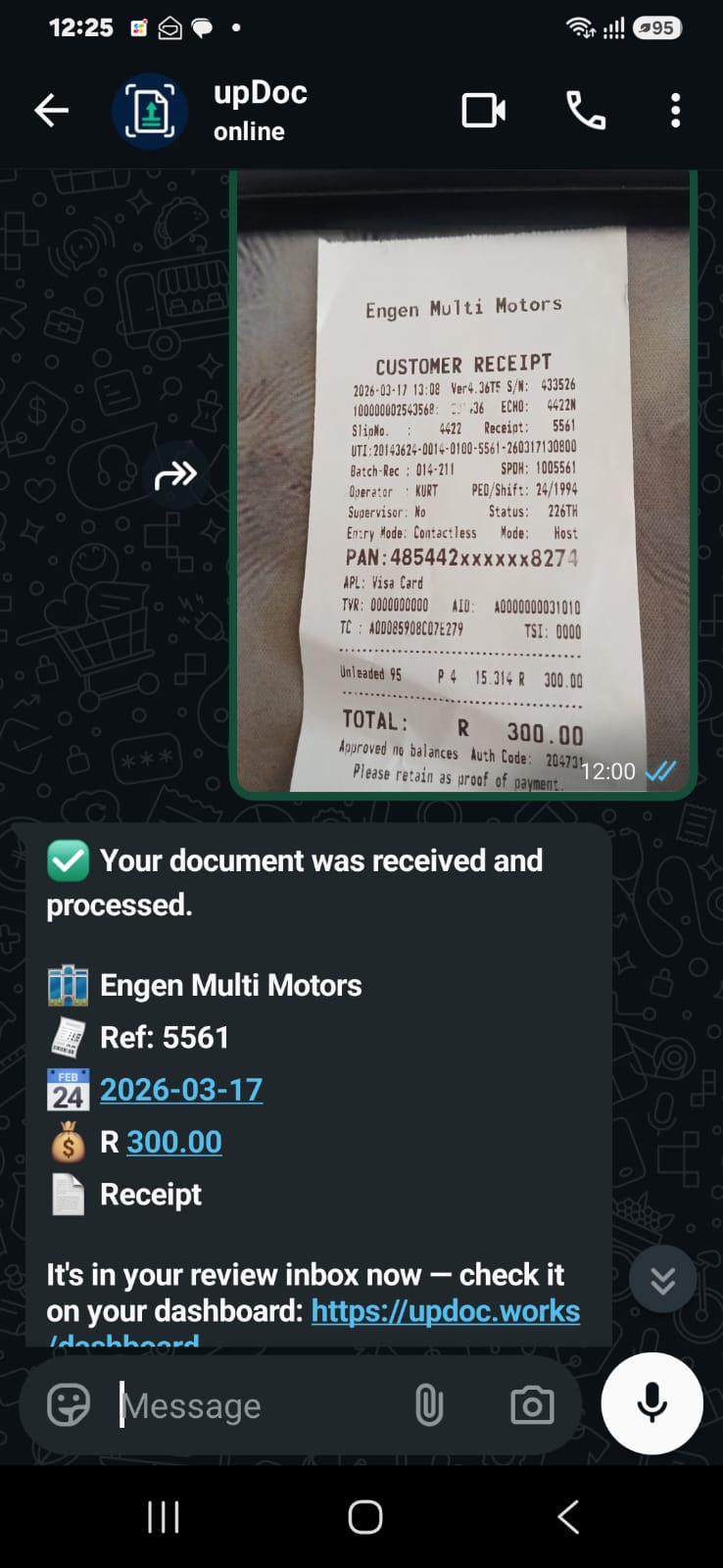 A fuel slip sent to upDoc on WhatsApp